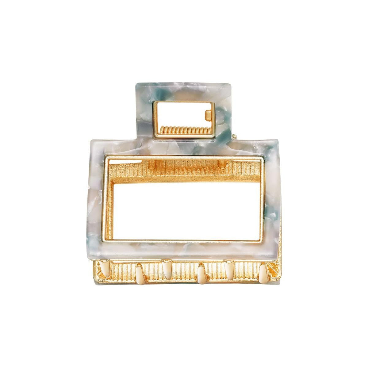 Marble-patterned jewelry hair clip with gold accents on a white background