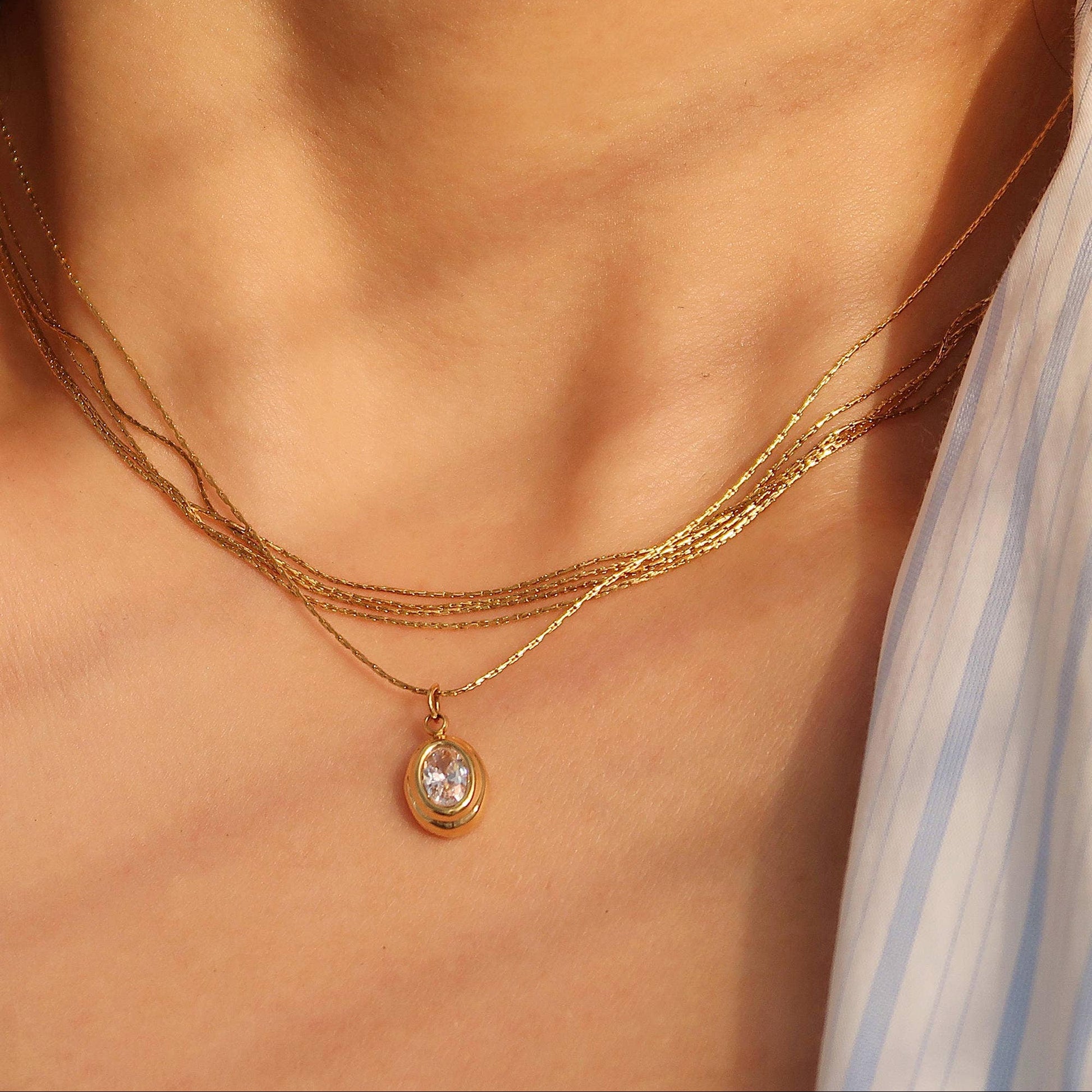 Gold necklace with a pendant on a person's neck