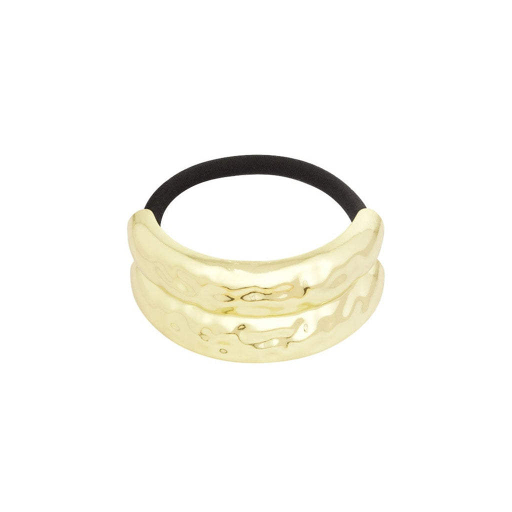 Gold hair tie with black elastic on a white background